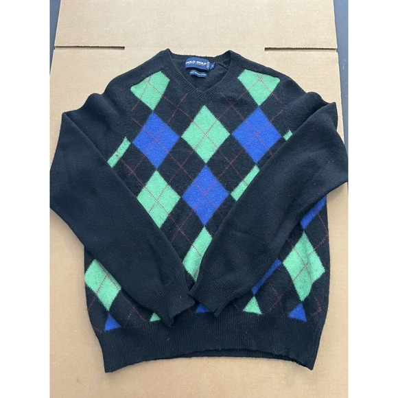 VTG Polo Golf Ralph Lauren Medium Adult Sweater Merino Wool Black Argyle Mens - Picture 1 of 7